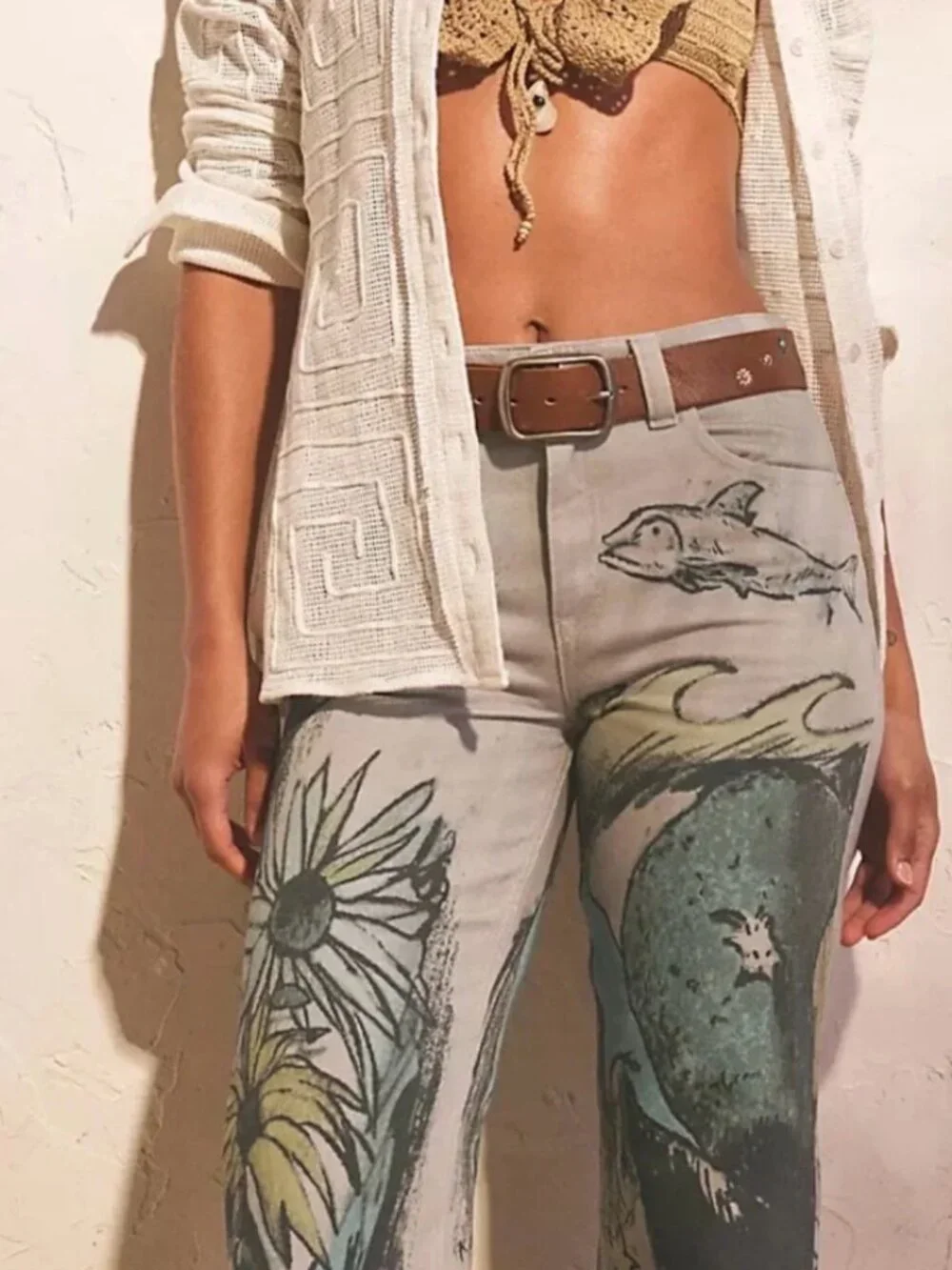 NWT Free People Tinsley Printed Straight Leg Jeans in Seashore Combo - Picture 5 of 10